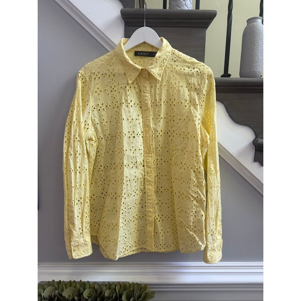 Lauren Ralph Lauren Black Label Yellow Eyelet Lace Button Up Shirt sz L
